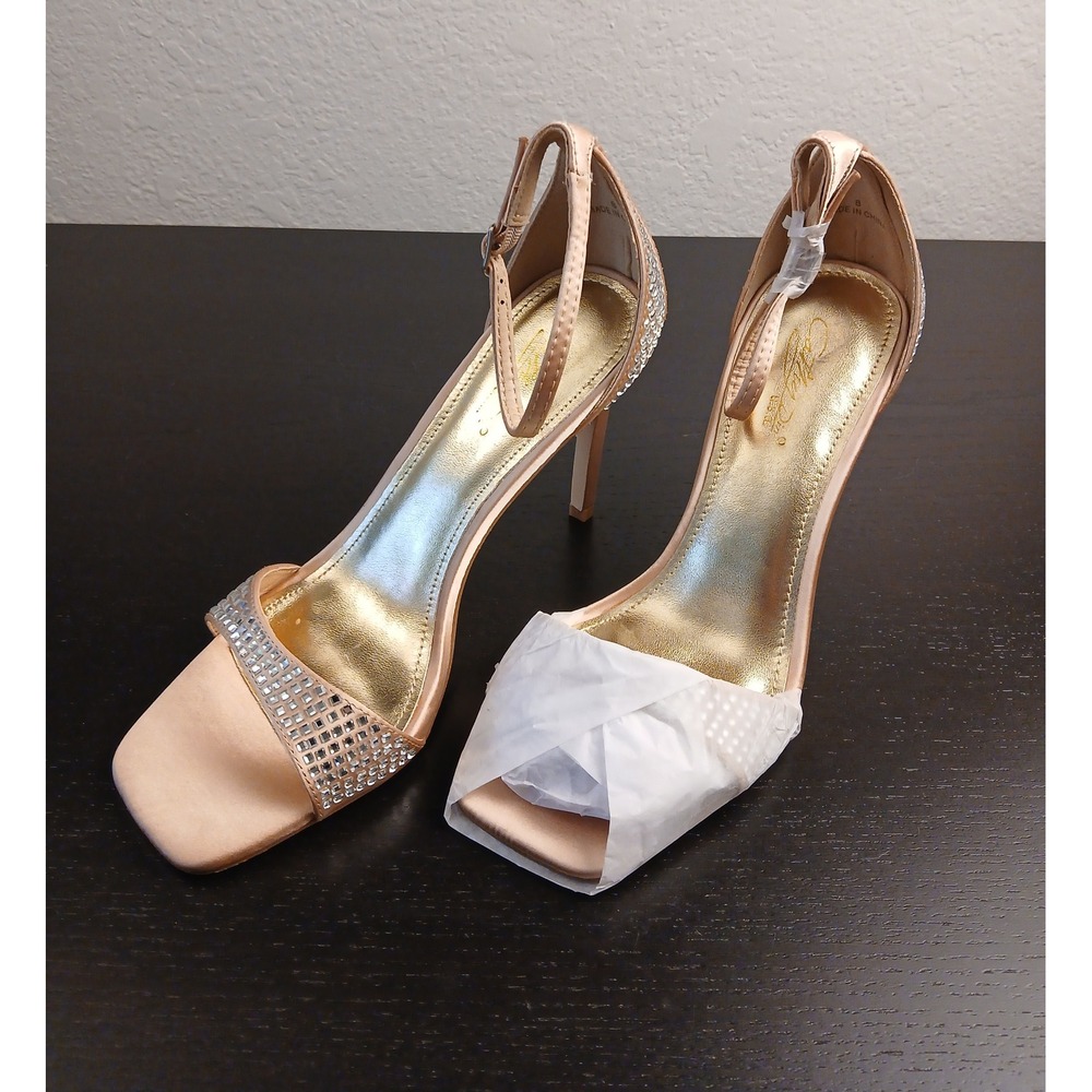 Designer Champagne Satin Rhinestone Square Toe Ankle Strap Heels Size 8 NEW